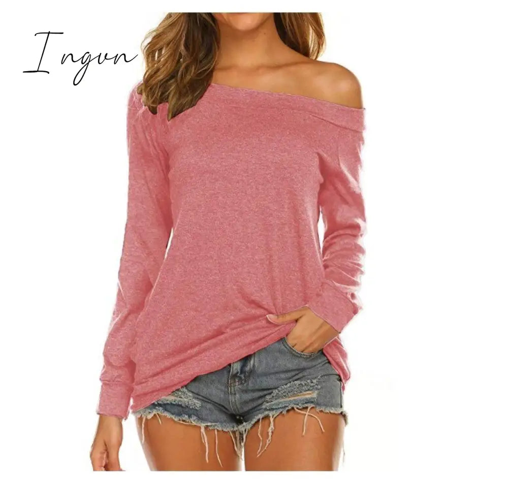 Ingvn - Stylish Off Shoulder Solid Color Long Sleeve Tops Pink-Long / S