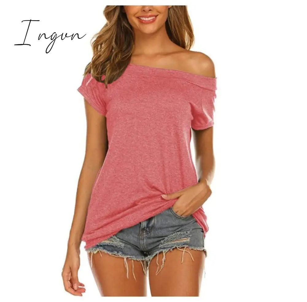 Ingvn - Stylish Off Shoulder Solid Color Long Sleeve Tops Pink-Short / S