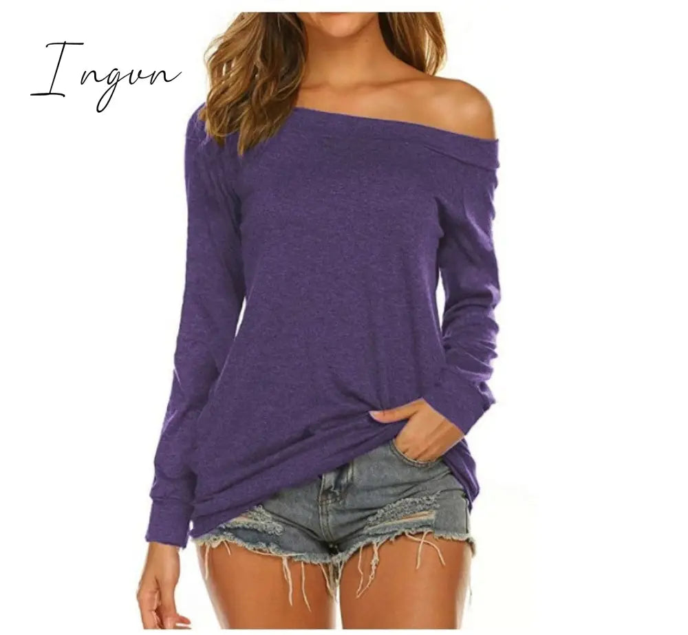 Ingvn - Stylish Off Shoulder Solid Color Long Sleeve Tops Purple-Long / S