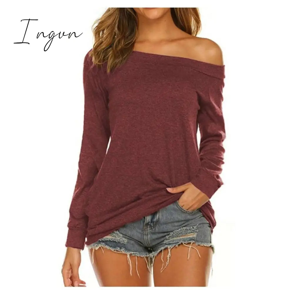 Ingvn - Stylish Off Shoulder Solid Color Long Sleeve Tops Wine Red-Long / S