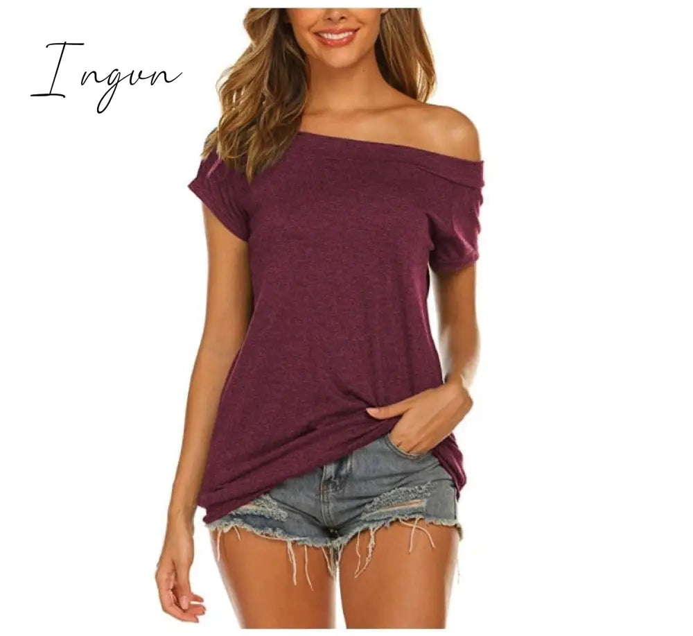 Ingvn - Stylish Off Shoulder Solid Color Long Sleeve Tops Wine Red-Short / S