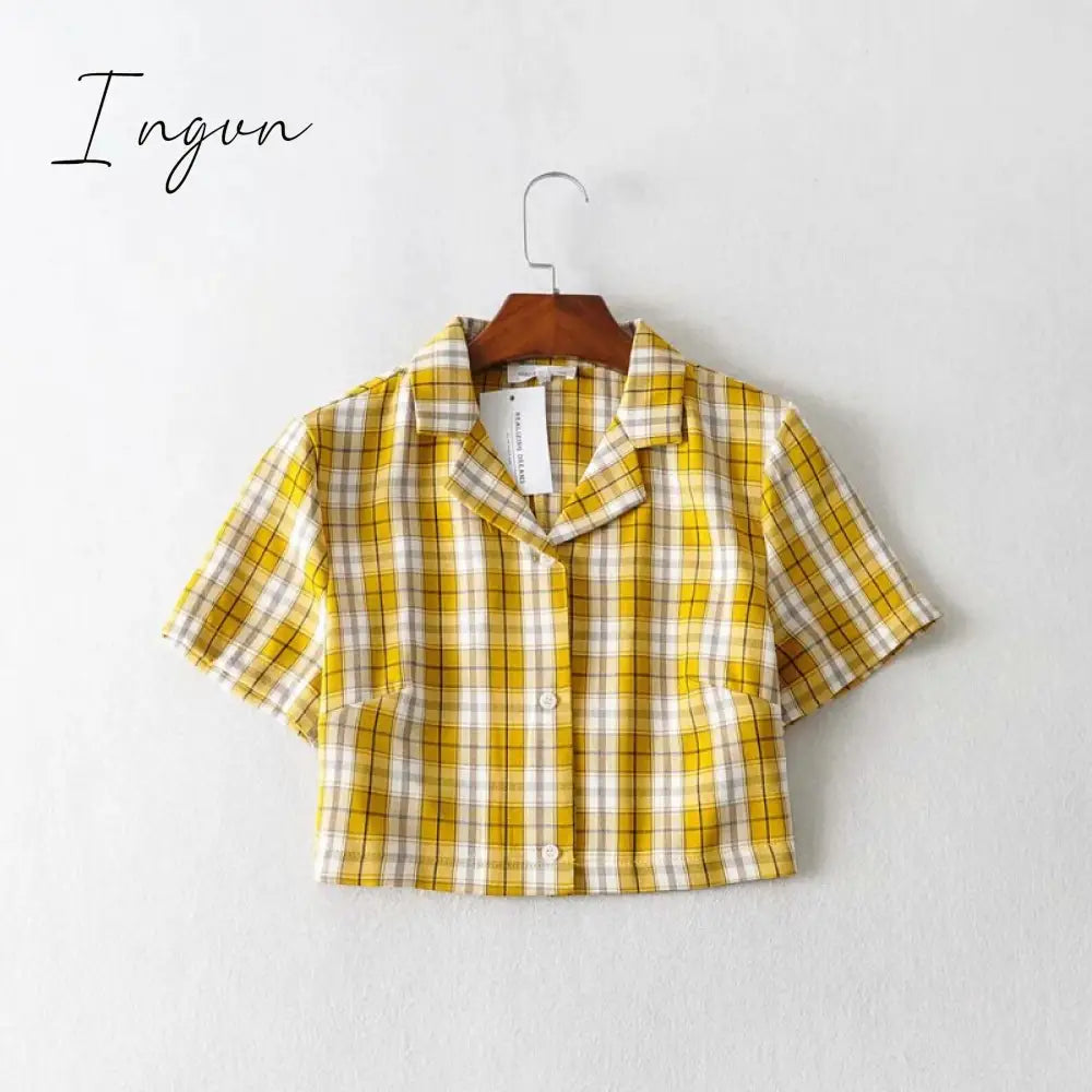 Ingvn - Summer Blouse Women Vintage Crop Shirt Streetwear Plaid Ladies Tops Elegant Button Up