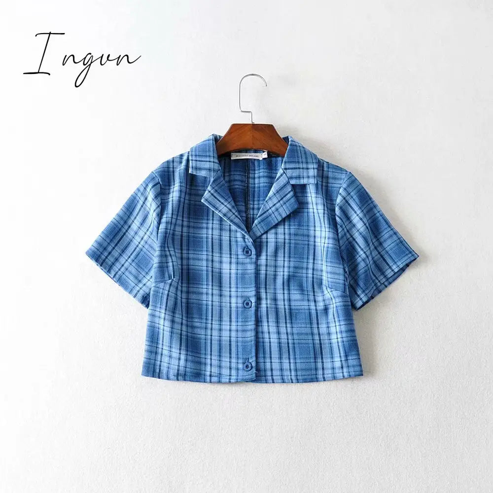 Ingvn - Summer Blouse Women Vintage Crop Shirt Streetwear Plaid Ladies Tops Elegant Button Up