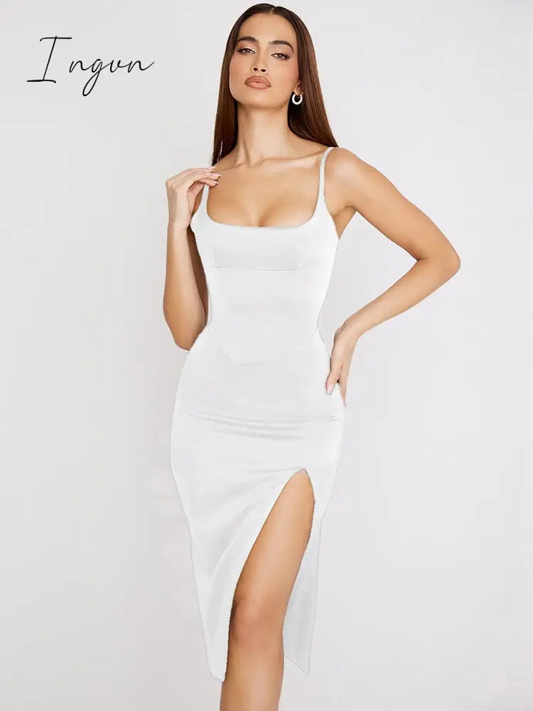 Ingvn - Summer Bodycon White Satin Evening Night Party Dresses Sexy Birthday Dress For Women