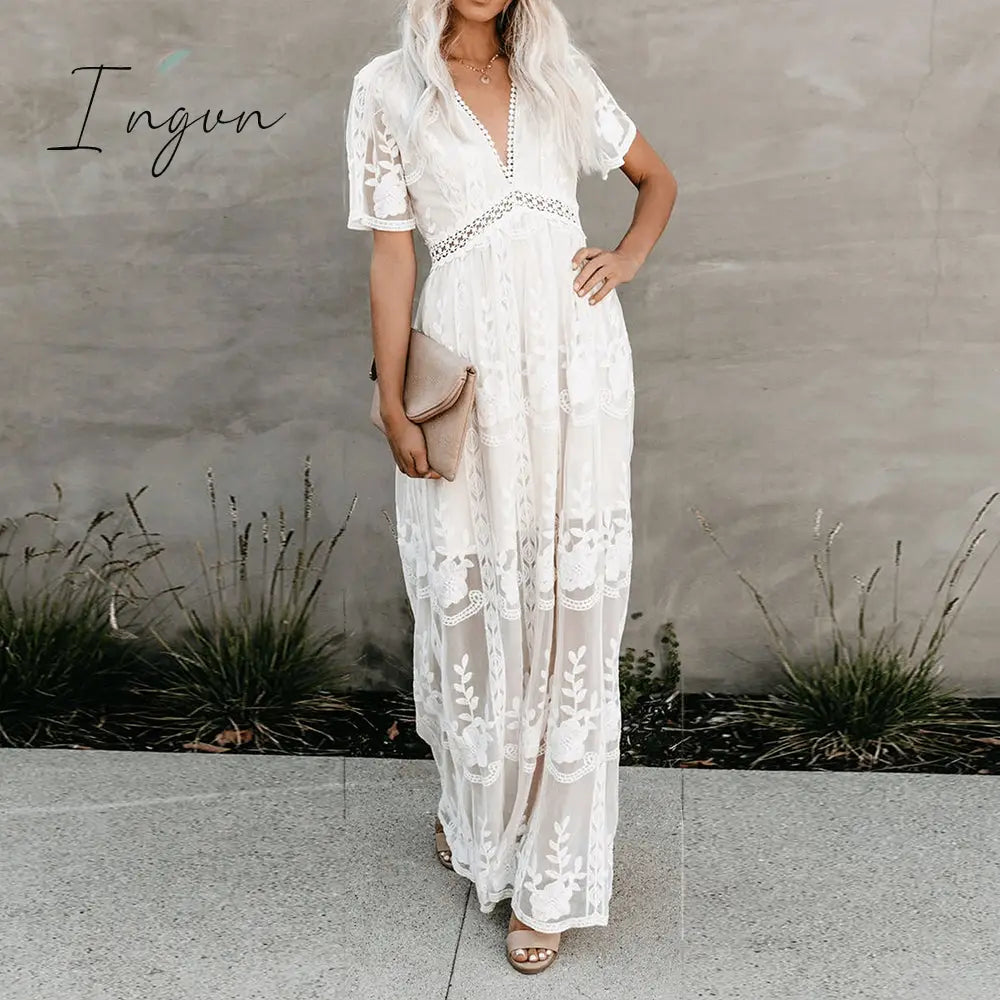 Ingvn - Summer Boho Women Maxi Dress Loose Embroidery White Lace Long Tunic Beach Vacation Holiday