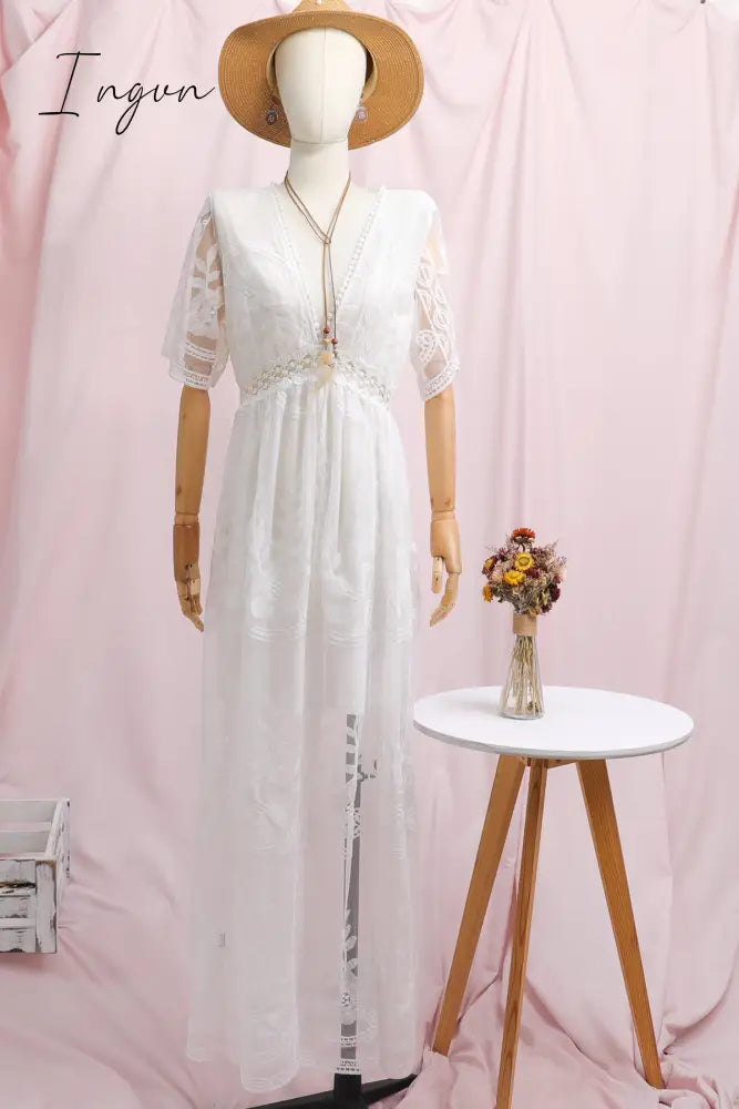 Ingvn - Summer Boho Women Maxi Dress Loose Embroidery White Lace Long Tunic Beach Vacation Holiday