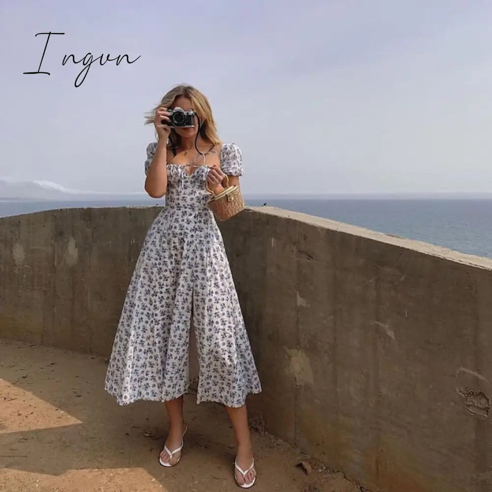 Ingvn - Summer Dress Women Short Puff Sleeve Flroal Printed Ruched Party High Split Long Maxi