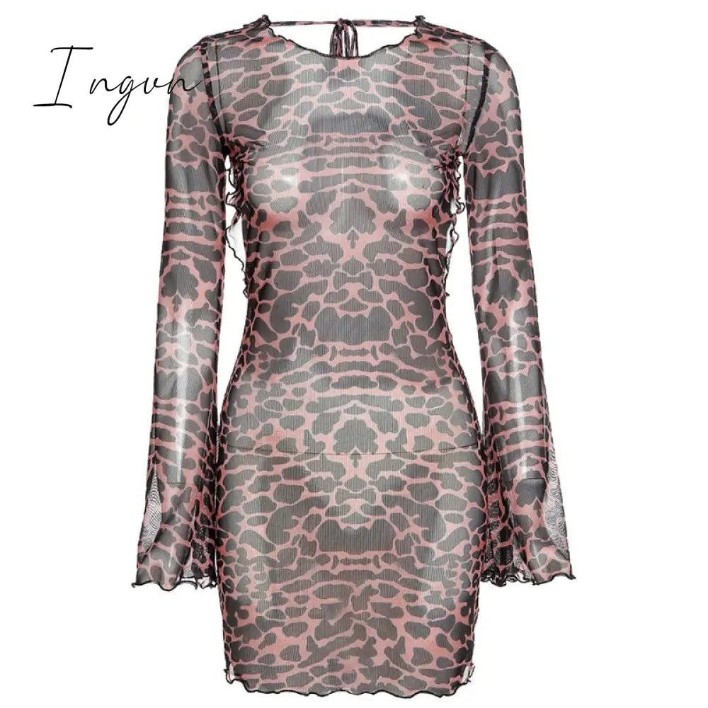 Ingvn - Summer Dresses For Women Leopard Print Backless Dress Long Sleeve Mesh Spring Halter