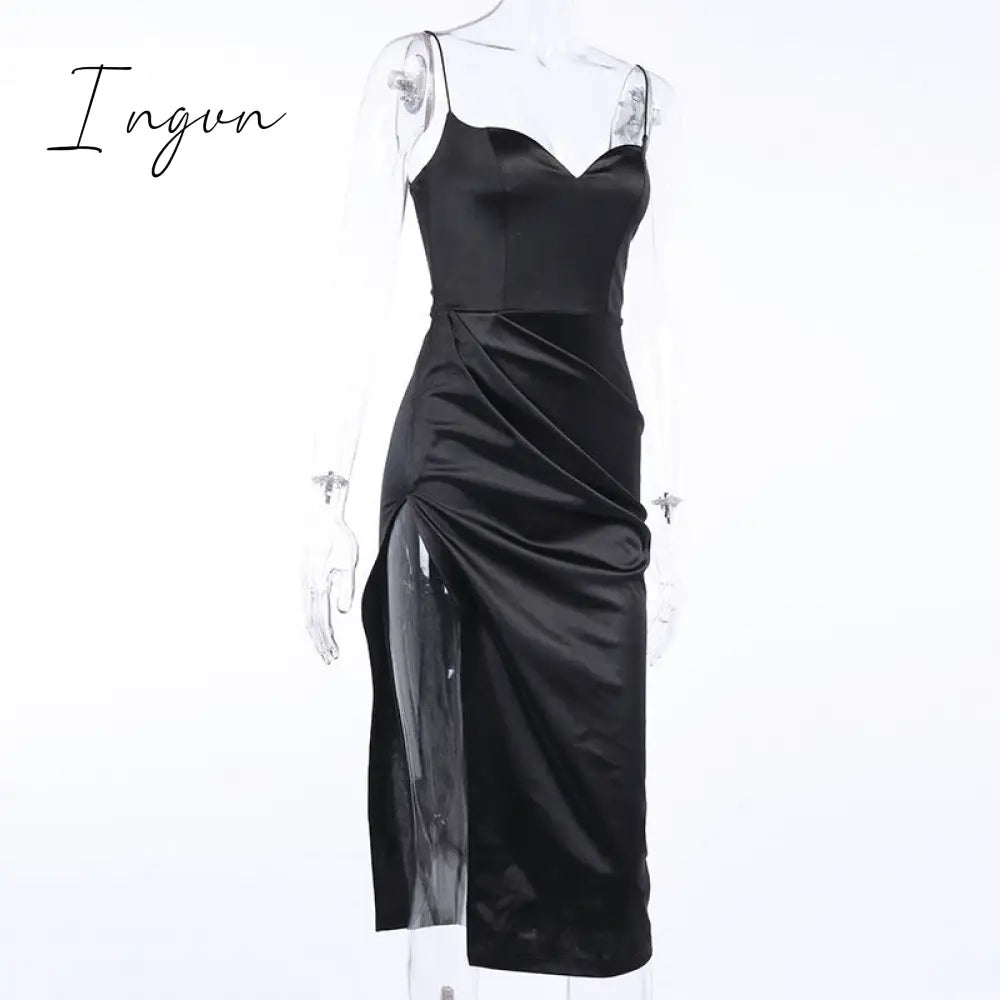 Ingvn - Summer Dresses For Women Sexy Black Satin Spaghetti Straps Low Cut Long Dress Ruched Side