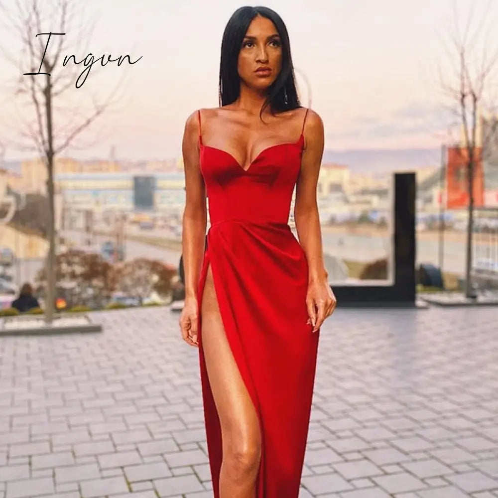 Ingvn - Summer Dresses For Women Sexy Black Satin Spaghetti Straps Low Cut Long Dress Ruched Side
