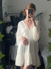 Ingvn - Summer Dresses For Women Sexy Plunge V Neck Women’s Dress White Lace Long Sleeve Mini