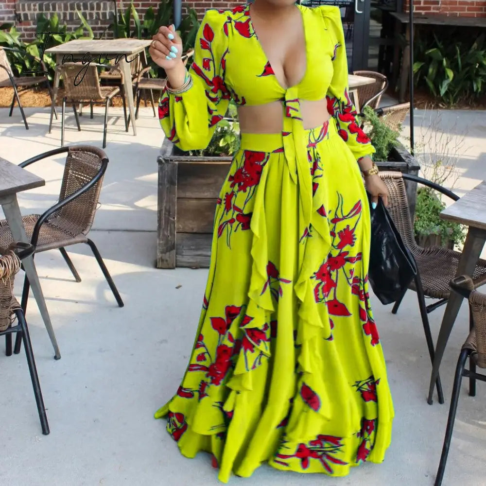 Ingvn - Summer Fashion African Women Long Sleeve V - Neck Polyester Printing Yellow Orange Green