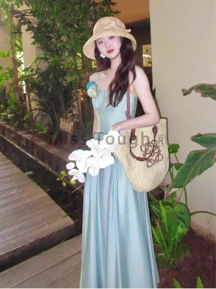 Ingvn - Summer Floral Sexy Strap One Piece Dress Women Solid Elegant Midi Beach Party Female Korean