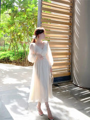 Ingvn - Summer French Elegant Party Dress Women Long Sleeve Casual Fairy Midi Evening Vintage One