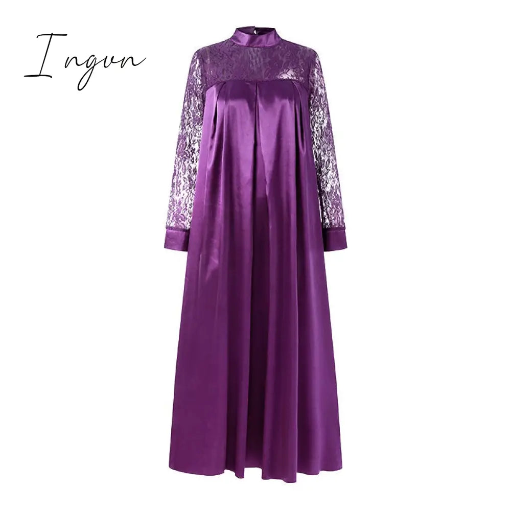 Ingvn - Summer Kaftan Party Dress Bohemian Women Long Sleeve Mock Neck Lace Patchwork Maxi Robe