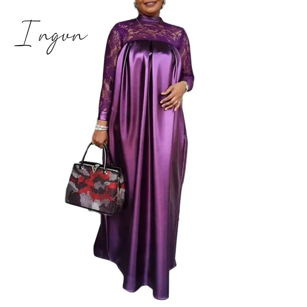 Ingvn - Summer Kaftan Party Dress Bohemian Women Long Sleeve Mock Neck Lace Patchwork Maxi Robe