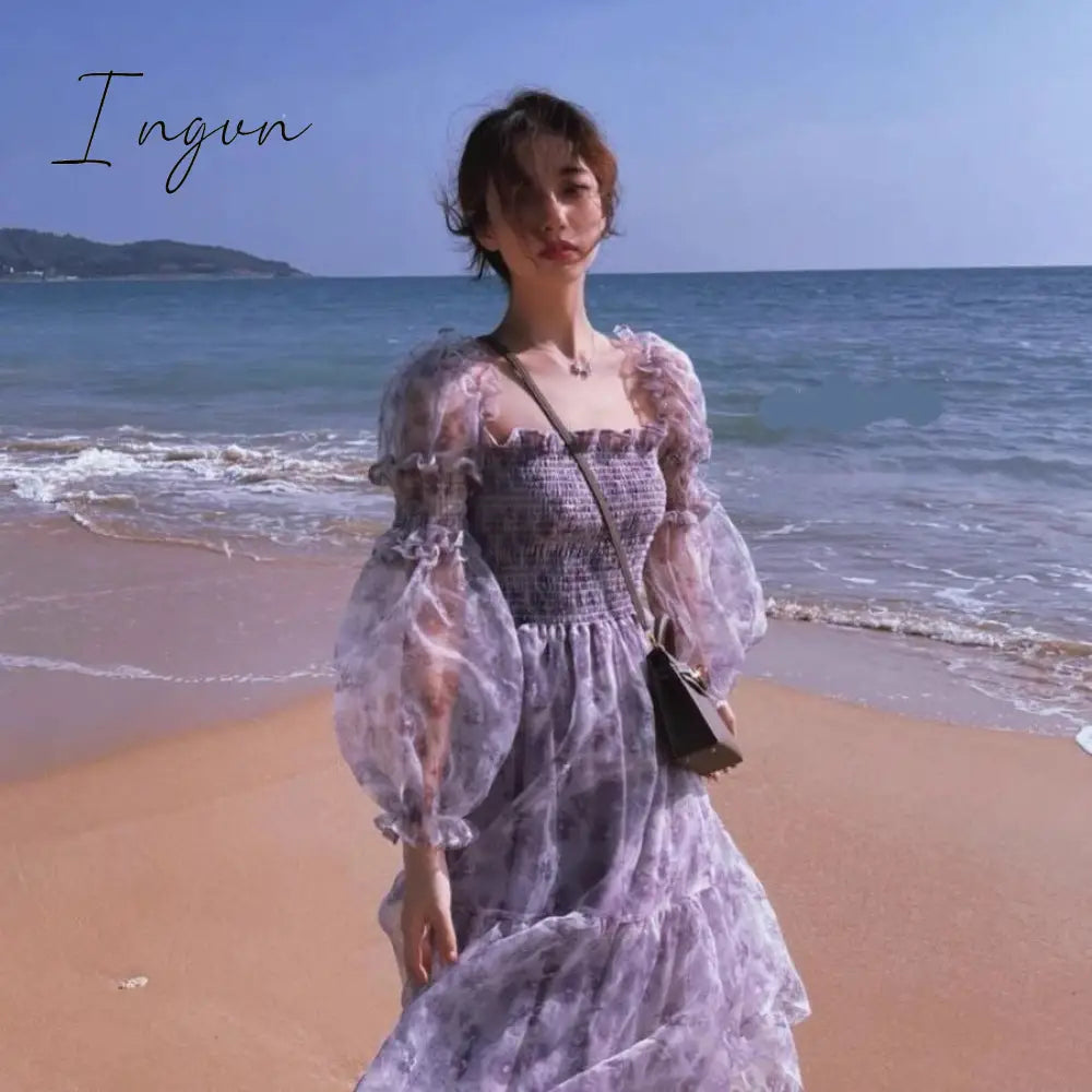 Ingvn - Summer Lace Elegant Midi Dress Women Puff Sleeve Square Collar Boho Beach Floral Female