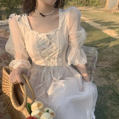 Ingvn - Summer Lace Sweet Elegant Dress Women Evening Party One Piece Korean Kawaii Short Sleeve