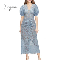 Ingvn - Summer Midi Long Dress For Women Celebrity Flower Embroidery Lace Robe Beaded Chain Diamond