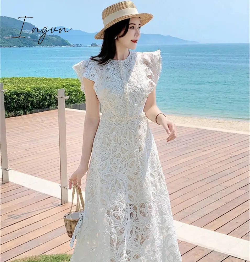 Ingvn - Summer Midi Long Dress For Women Celebrity Flower Embroidery Lace Robe Beaded Chain Diamond