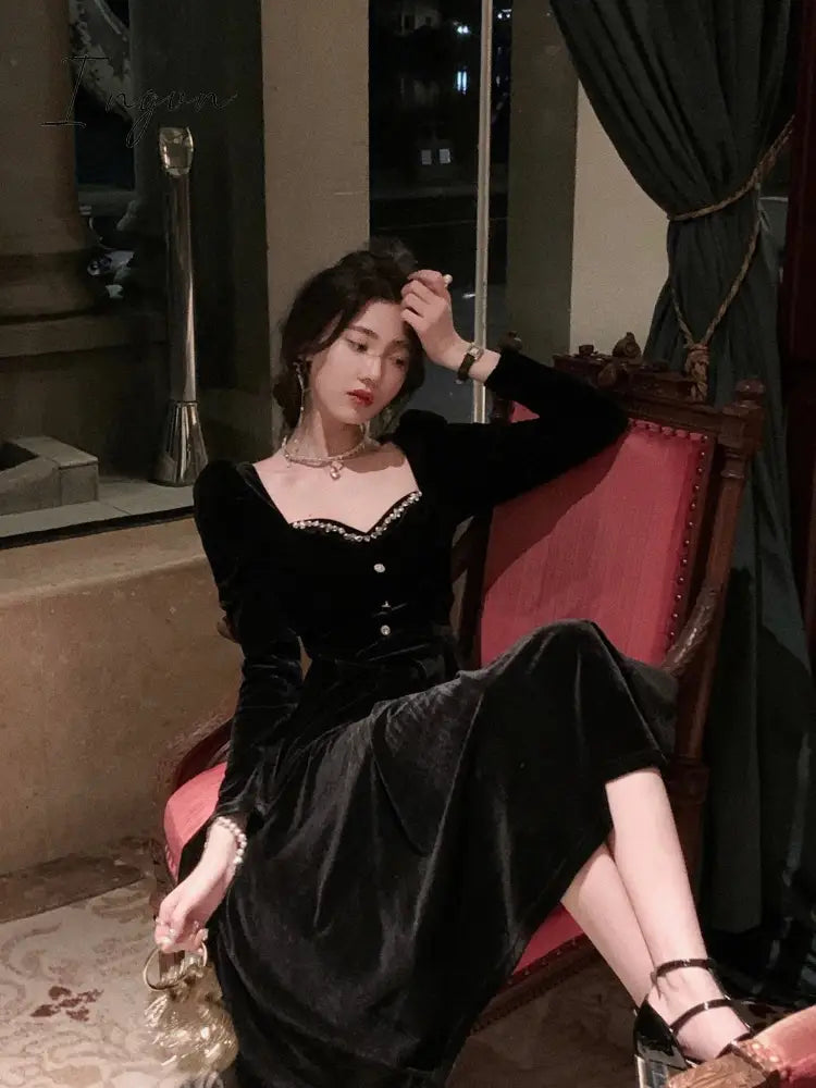 Ingvn - Summer New Elegant Spaghetti Strap Velvet Vintage Black Dress Women Sexy Prom Evening Party