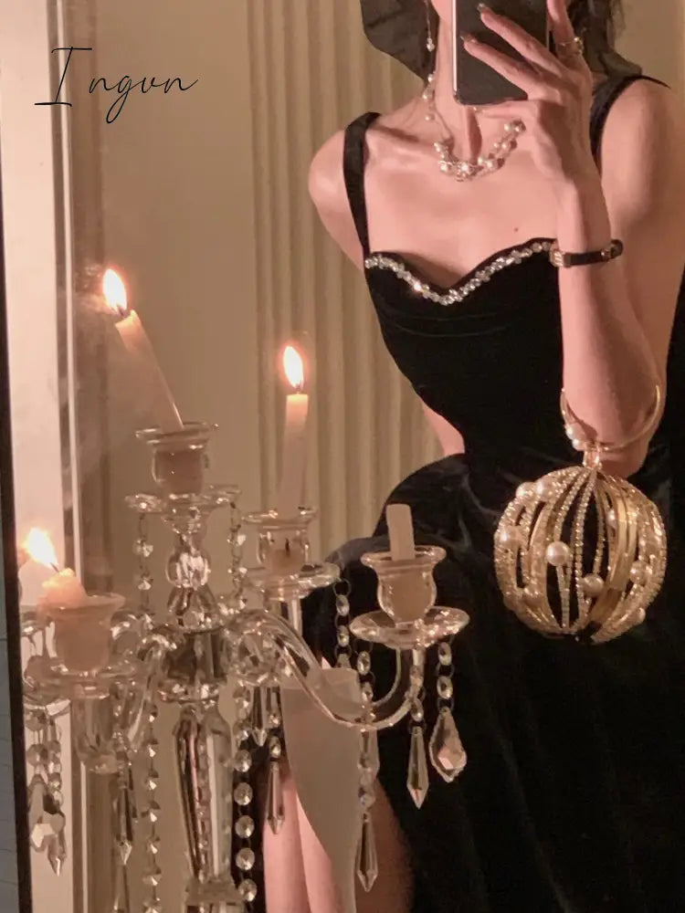 Ingvn - Summer New Elegant Spaghetti Strap Velvet Vintage Black Dress Women Sexy Prom Evening Party