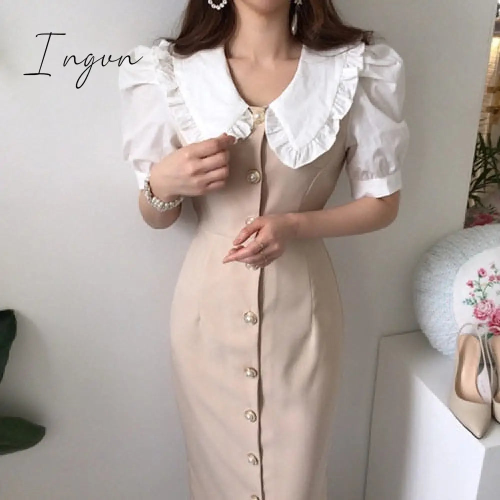Ingvn - Summer Outfits Dress Women Fashion Peter Pan Collar Puff Sleeve Single Breasted Slim Long