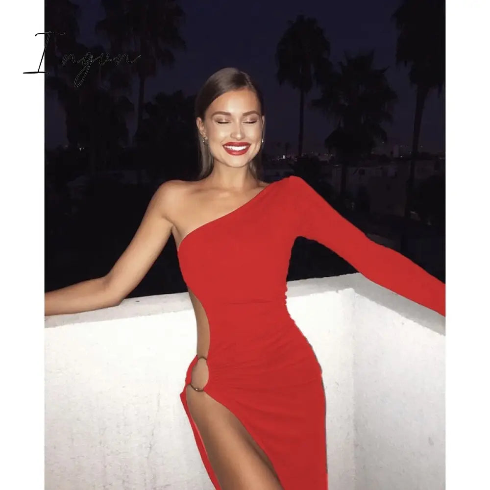 Ingvn - Summer Outfits One Shoulder Hollow Out High Split Sexy Dress Elegant Women Party Club