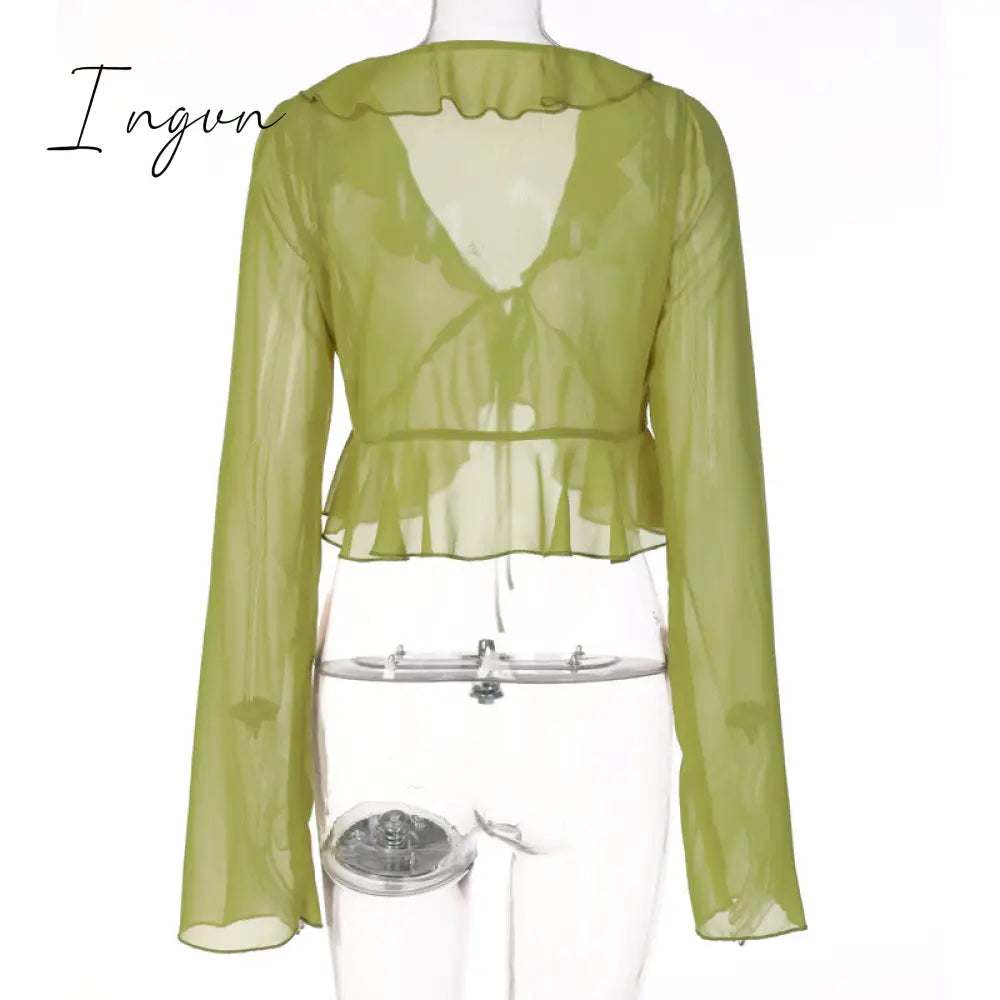 Ingvn - Summer Outfits Vintage 90S Streetwear Ruffles Trim Green Chiffon T - Shirts Y2K Fashion