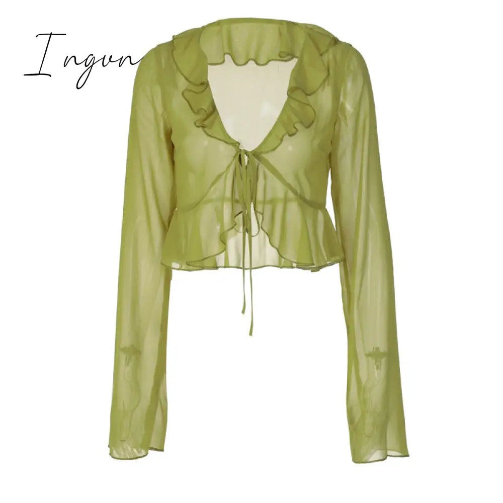 Ingvn - Summer Outfits Vintage 90S Streetwear Ruffles Trim Green Chiffon T - Shirts Y2K Fashion