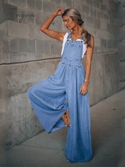 Ingvn - Summer Overalls For Women Blue Denim One-Piece Jumpsuits Loose Wide-Leg With Pocket