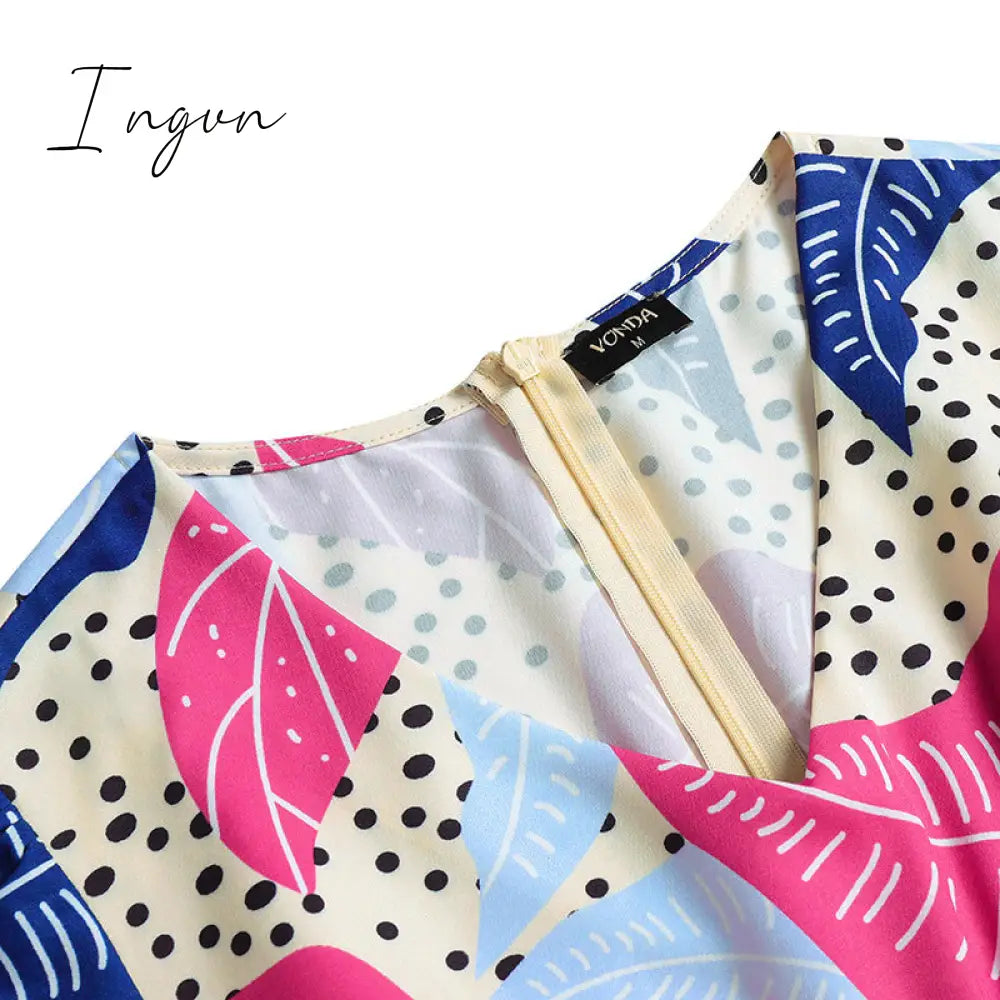 Ingvn - Summer Party Long Maxi Dress Women Sleeve Slit Vintage Printed Pleated Bohemian Beach