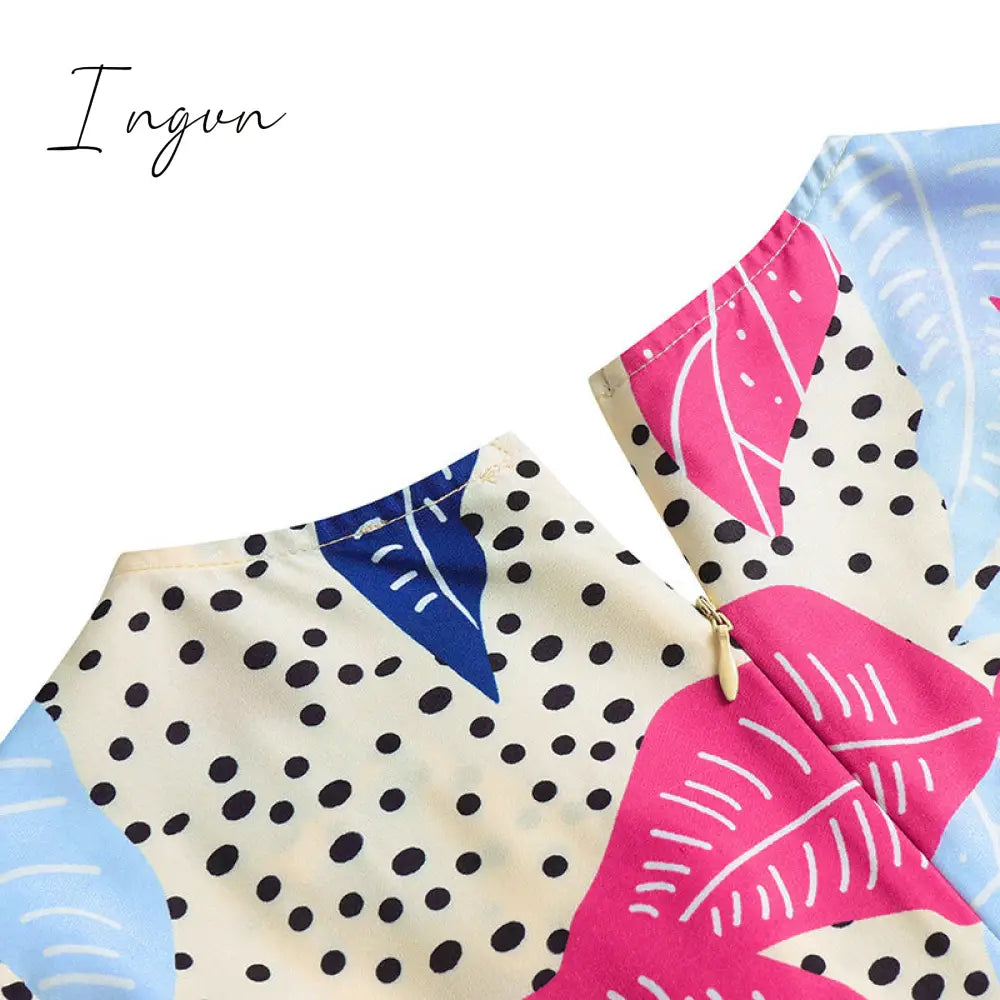 Ingvn - Summer Party Long Maxi Dress Women Sleeve Slit Vintage Printed Pleated Bohemian Beach