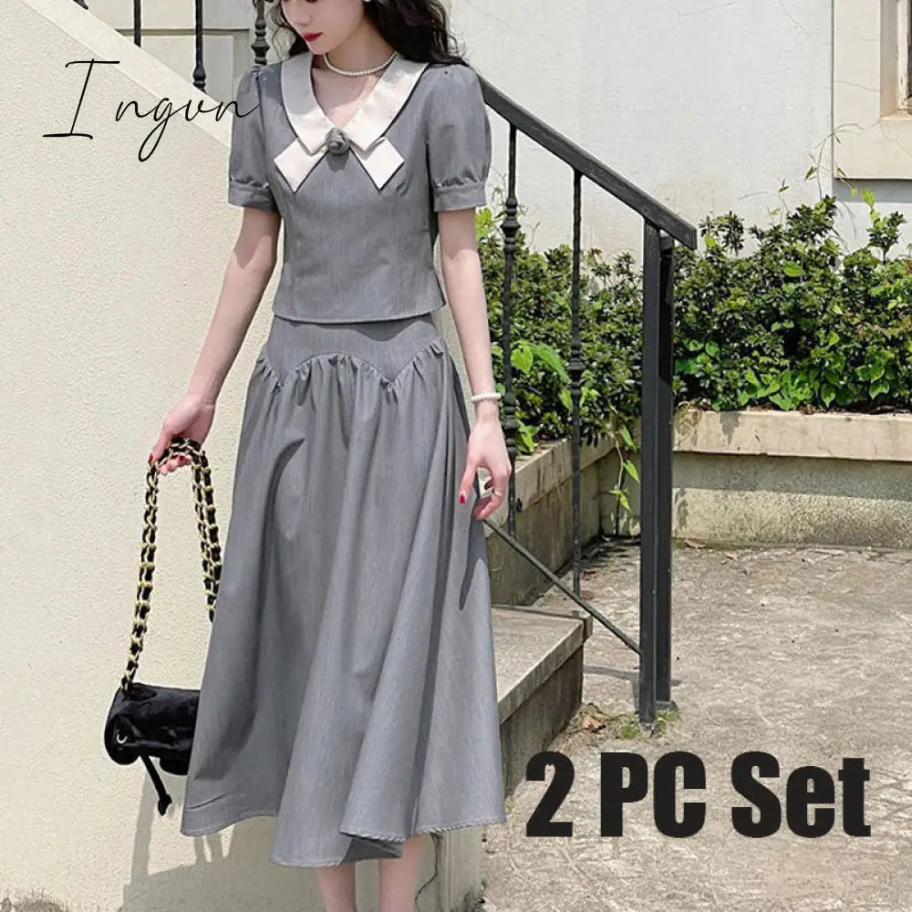 Ingvn - Summer Retro Two Piece Women Skirt Sets Sweet Outifits Puff Sleeve Crop Top + A Line Midi
