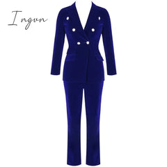 Ingvn - Summer Sets For Women New Navy Blue V Neck Long Sleeve Sexy 2 Piece Set Outfits High