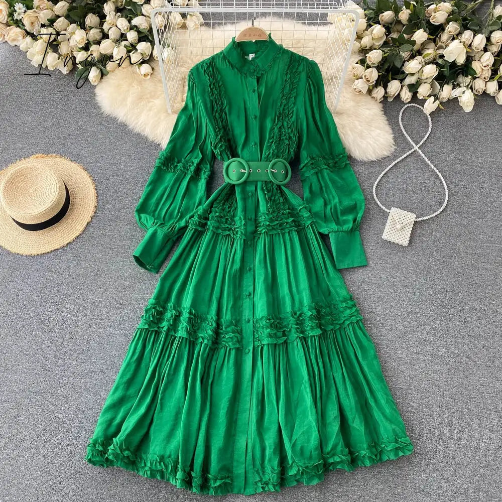 Ingvn - Summer Sexy Party Dress Women Single Breasted Long Sleeve Layer Ruffle Flower Embroidery