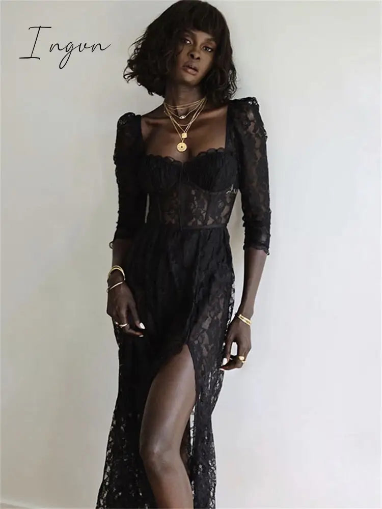 Ingvn - Summer Sexy Party Split Lace Bodycon Woman Maxi Dress Club Square Collar Black Elegant