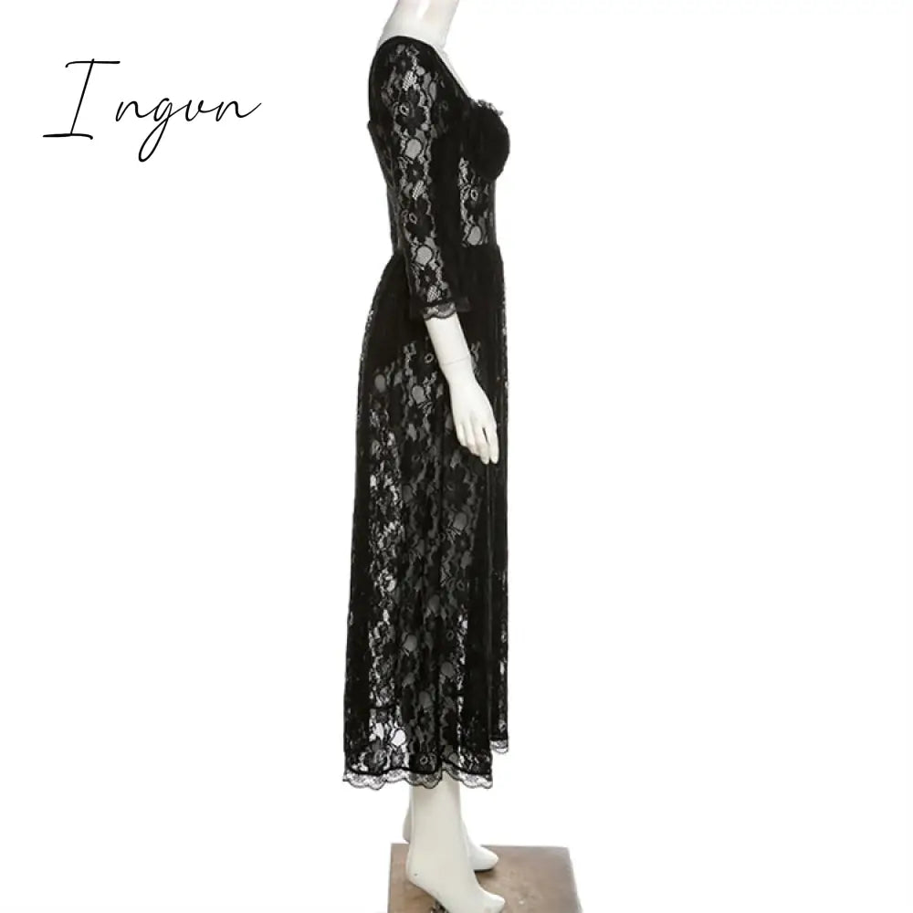 Ingvn - Summer Sexy Party Split Lace Bodycon Woman Maxi Dress Club Square Collar Black Elegant
