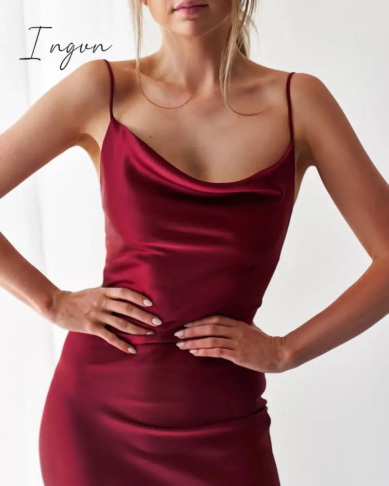 Ingvn - Summer Sleeveless Spaghetti Strap Black Silk Long Dress Sexy Backless Elegant Satin Bodycon