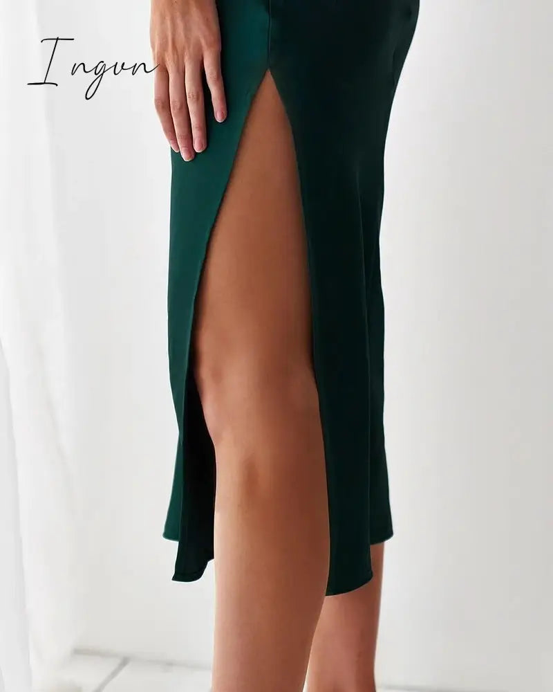 Ingvn - Summer Sleeveless Spaghetti Strap Black Silk Long Dress Sexy Backless Elegant Satin Bodycon