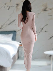 Ingvn - Summer Spring New Elegant Long Sleeve Slim Midi Dress Women Sexy Office Lady Fashion