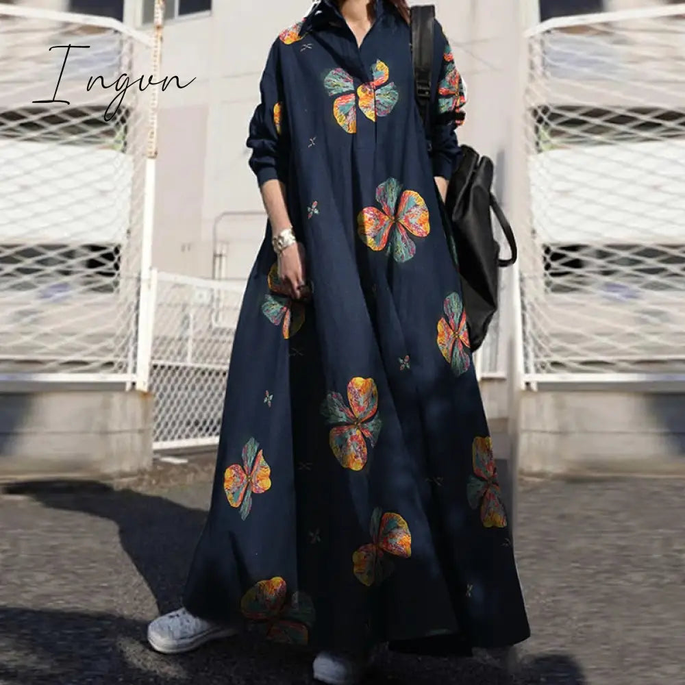 Ingvn - Summer Stylish Women Vintage Long Sleeve Loose Sundress Casual Maxi Dress Kaftan Femme
