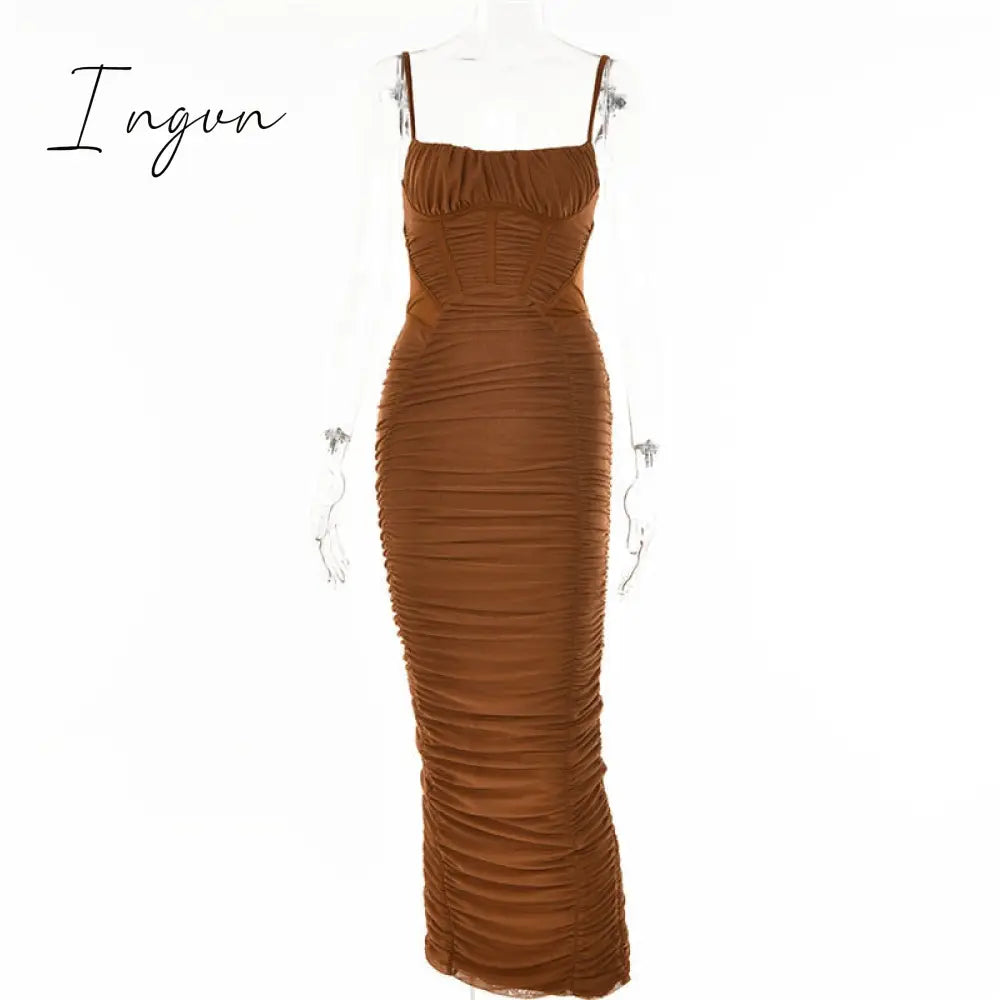 Ingvn - Summer Woman Dress Ruched Maxi Bodycon Mesh Sexy Stretchy Spaghetti Strap Dresses Elegant