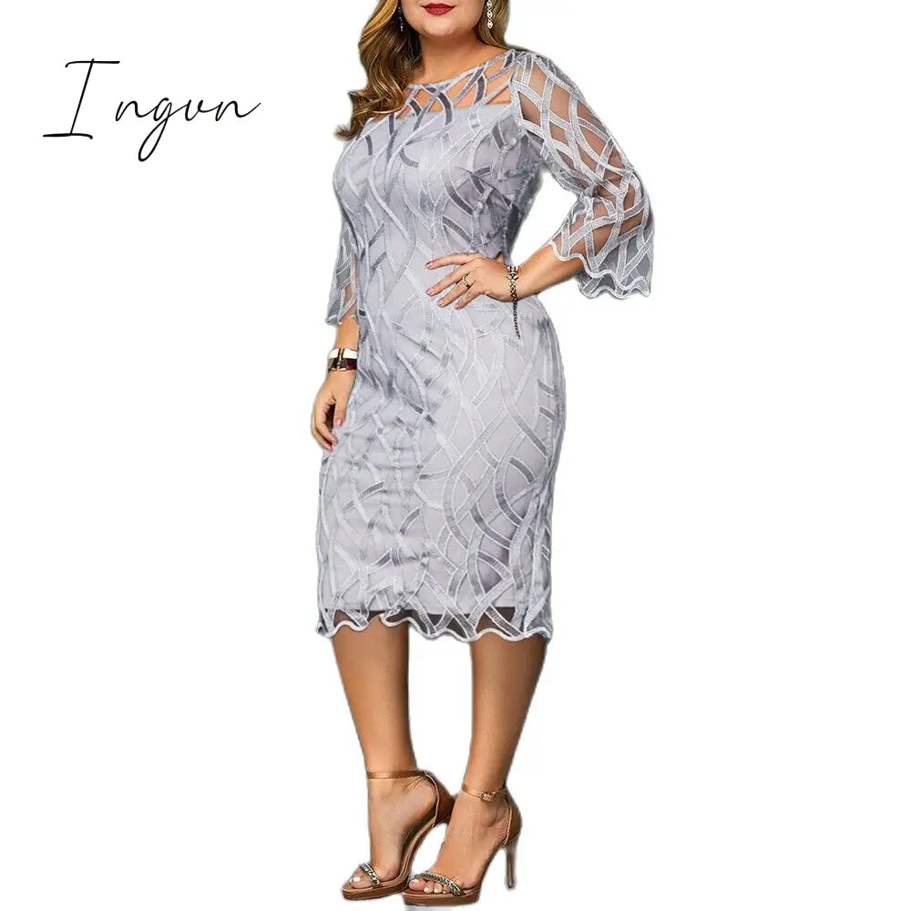 Ingvn - Summer Women Lace Slim Patchwork Party Dress Office Ladies Round Neck Flare Sleeve Stretch
