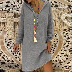 Ingvn - Sweater Dress Women Hooded Collar Long Sleeve V - Neck Pure Color Knitted Pullover Spring