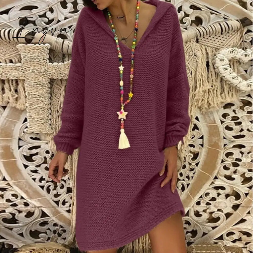 Ingvn - Sweater Dress Women Hooded Collar Long Sleeve V - Neck Pure Color Knitted Pullover Spring