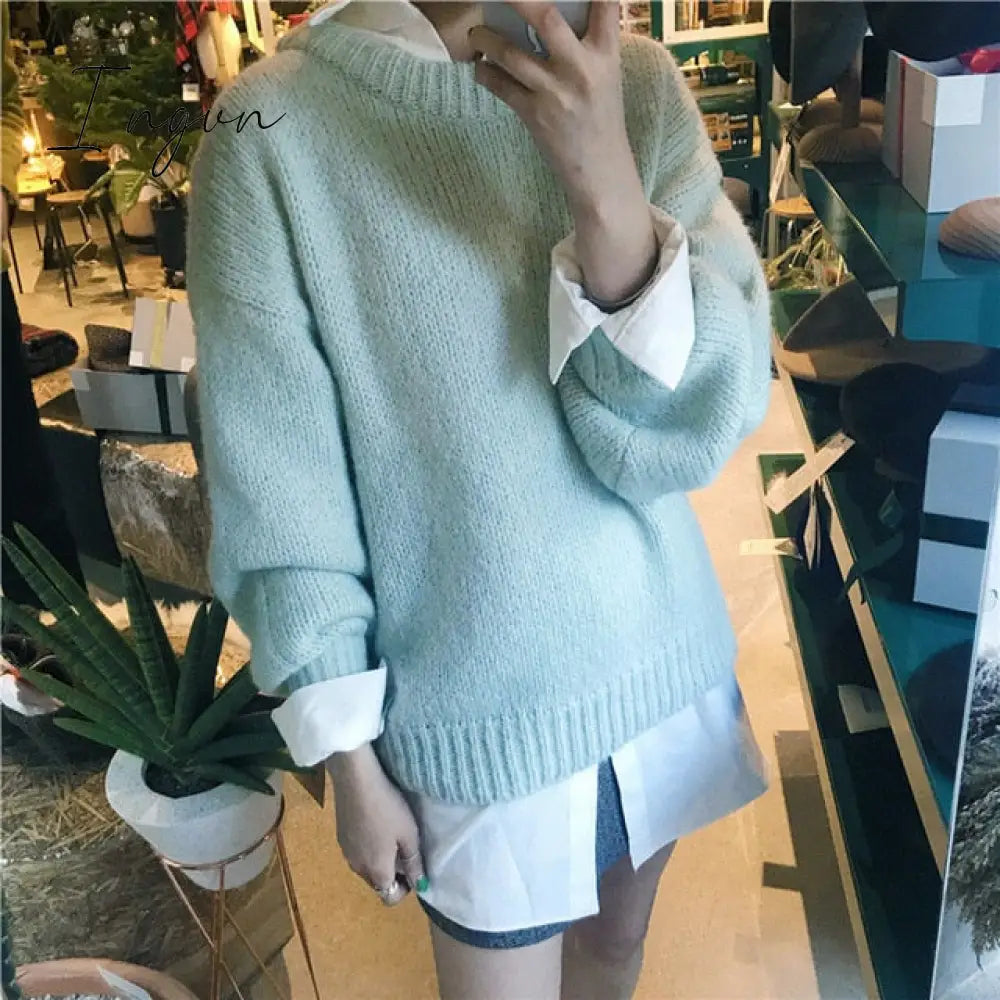 Ingvn - Sweater Women Autumn Winter Solid O Neck Pullover Sweaters Korean Style Knitted Long Sleeve
