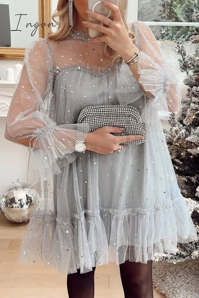Ingvn - Sweet Cute Solid Patchwork Sequined O Neck Long Sleeve Dresses Light Gray / S Dresses/Short