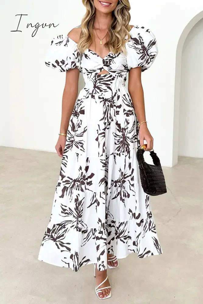 Ingvn - Sweet Elegant Floral Hollowed Out Off The Shoulder Printed Dress Dresses Black White / S