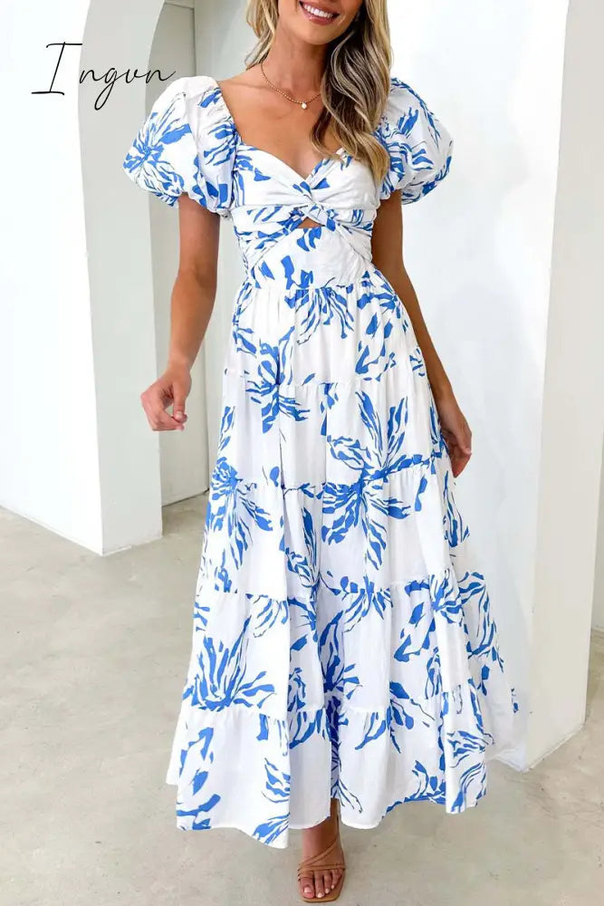 Ingvn - Sweet Elegant Floral Hollowed Out Off The Shoulder Printed Dress Dresses Blue White / S
